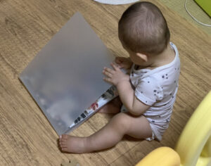 9ヶ月の息子がアルバムを自分で眺めている様子の写真