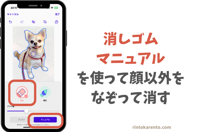 PhotoRoomのアプリ画面マニュアル消しゴムを使ってなぞって消す